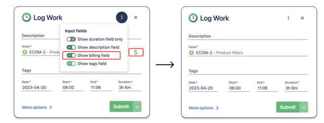 billing tags on a worklog editor