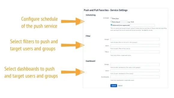 Push filters and dashboards via a service