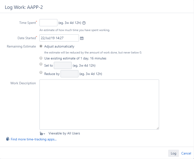 The log work dialog of Timetracker The log work dialog of Timetracker