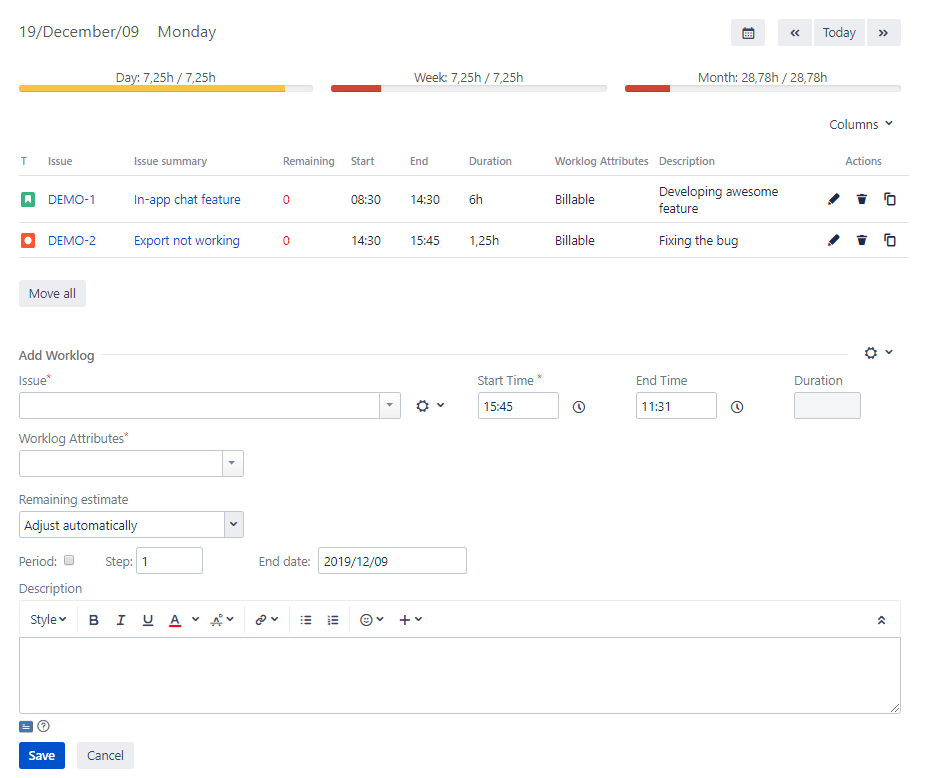The main page of the Timetracker The main page of the Timetracker